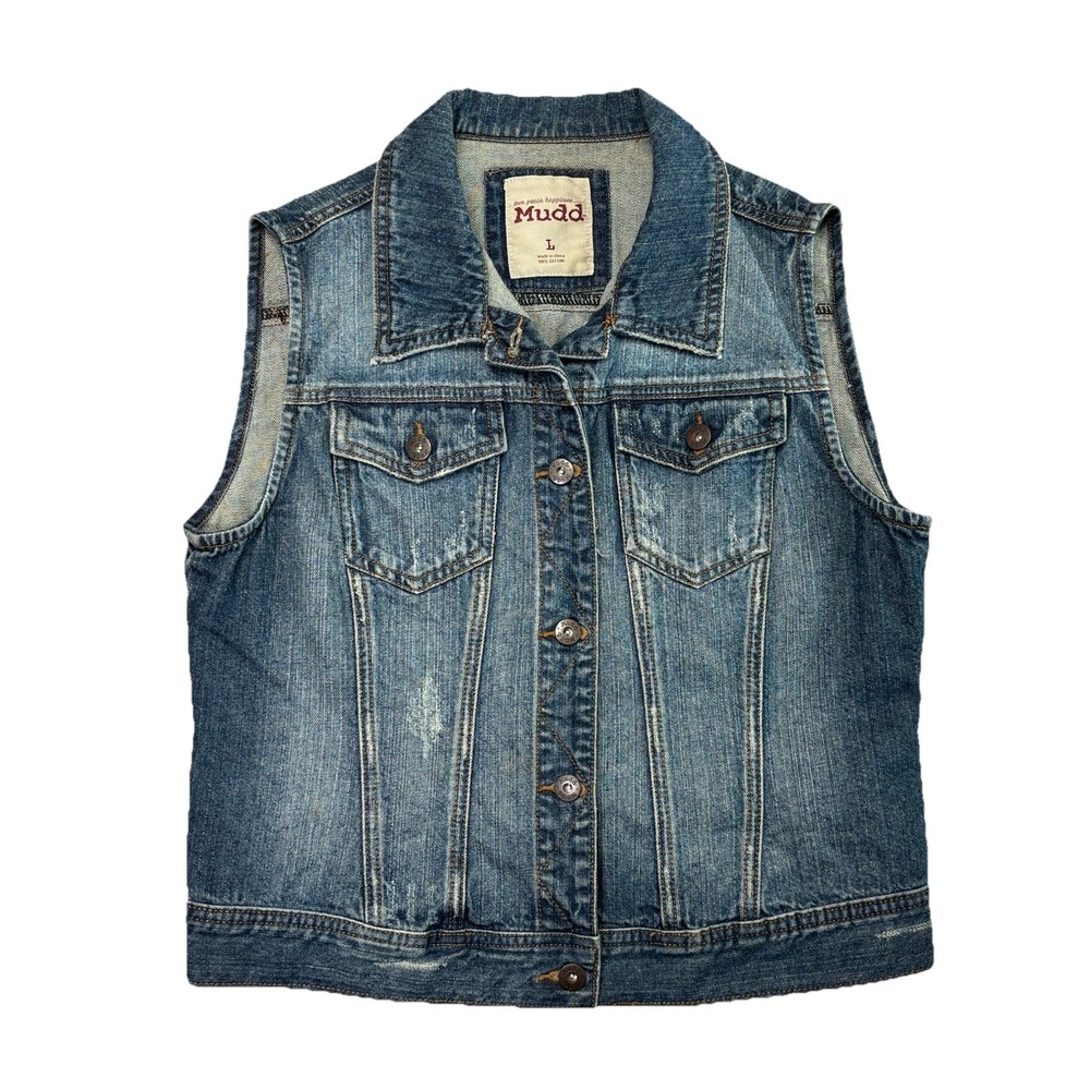 Mudd Denim Vest Womens Large Blue Distressed Trucker Jean Jacket Y2K‎